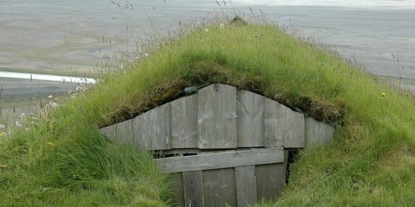 Eine mit gras überwachsene Behausung